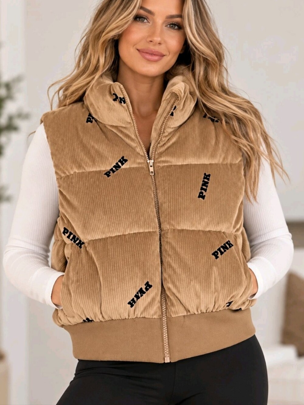 NEW PINK Victoria's Secret Women's Tan Corduroy Quilted Puffer Vest - Size Small